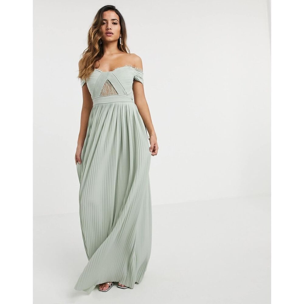 ASOS Maxi Evening Dress Pleated Sage Green Off Shoulder Lace Cut Out US 8 Petite